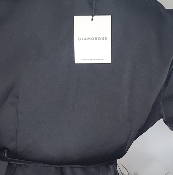 NWT Glamorous Black Satin Feather Wrap Mini Dress Medium | Night Out Luxe - Picture 4 of 7